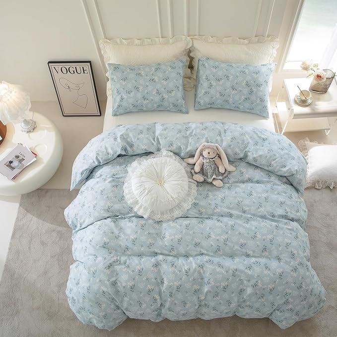 Full Floral Comforter Set - 3 Pieces Soft Bedding Garden Style Blue Botanical Flower Set for All Seasons - 1 Comforter and 2 Pillowcases (Full)