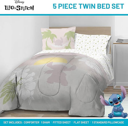 Jay Franco Disney Lilo and Stitch Twin Size Comforter Set - 5 Piece Bedding Includes Sheet Set & Pillow Covers - Super Soft Cozy Bedding