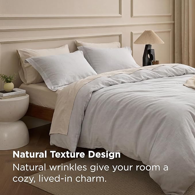 Bedsure 100% Washed Cotton Duvet Cover King - Light Grey Minimalist Bedding Set Linen Like - PureWoven Plain Simple & Soft Comforter Cover for All Seasons (King, 104"x90")
