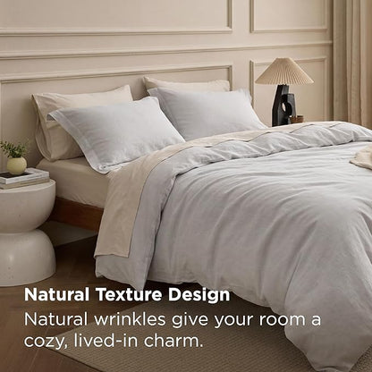 Bedsure 100% Washed Cotton Duvet Cover King - Light Grey Minimalist Bedding Set Linen Like - PureWoven Plain Simple & Soft Comforter Cover for All Seasons (King, 104"x90")