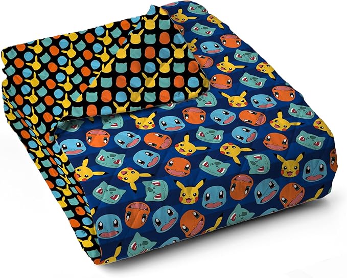 Northwest Pokemon Striped Favorites Full/Queen Quilted Blanket, Cozy Fantasy Bedding for Gamers, Kids & Adults, Throw for Bedroom, Sofa, or Game Room Décor, 90 x 90 Inches
