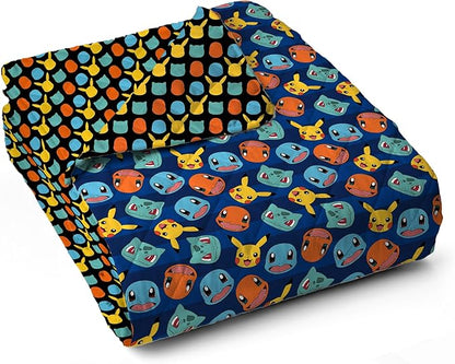 Northwest Pokemon Striped Favorites Full/Queen Quilted Blanket, Cozy Fantasy Bedding for Gamers, Kids & Adults, Throw for Bedroom, Sofa, or Game Room Décor, 90 x 90 Inches