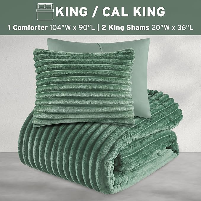 Intelligent Design King Comforter Set, Cozy Plush Bedding, Microfiber Reverse, 3 Piece, Lightweight, Super Soft Ribbed Velvet Comforter 2 Shams, All Season Fluffy Bed Set, Avril, King/Cal King Green