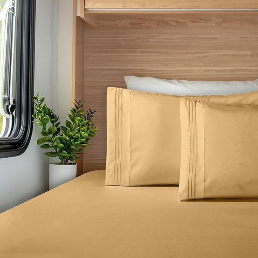 Elegant Comfort Luxurious 1500 Premium Hotel Quality Microfiber Three Line Embroidered Softest 4-Piece Bed Sheet Set, Wrinkle and Fade Resistant, RV Short Queen, Gold