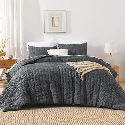 AveLom Seersucker Twin/Twin XL Comforter Set (68x90 inches), 2 Pieces - 100% Soft Washed Microfiber Lightweight Comforter with 1 Pillowcase, All Season Down Alternative Comforter Set for Bedding, Gray
