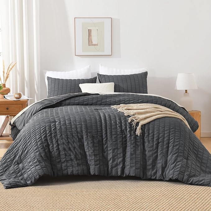 AveLom Dark Gray Seersucker California King Comforter Set (104x96 inches), 3 Pieces-100% Soft Washed Microfiber Lightweight Comforter with 2 Pillowcases, All Season Down Alternative Bedding Set