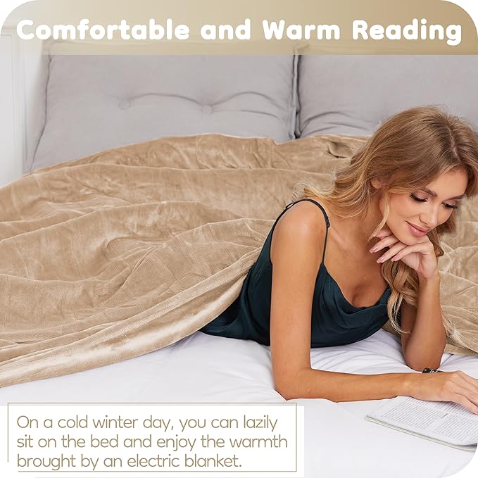 Electric Heated Blanket Twin Size 62"×84", Breathable & Luxurious Flannel, Soft Warm Gift with Over-Heat Protection, 4 Heating Levels & 10 H Auto Shut Off, Machine Washable, Light Brown