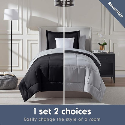 Nestl 5 Piece Twin XL Comforter Set – Black Reversible Bed in a Bag – Complete Twin XL Size Bedding Set with Sheets, Pillowcase and Sham