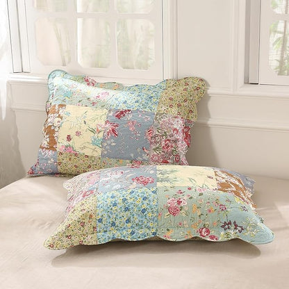 vctops Boho Patchwork Cotton Quilted Bedspread Quilt Set Queen Size 3 Pieces Soft Reversible Lightweight Coverlet Set Floral Print 1 Quilt and 2 Pillow Shams (Purple,Queen)