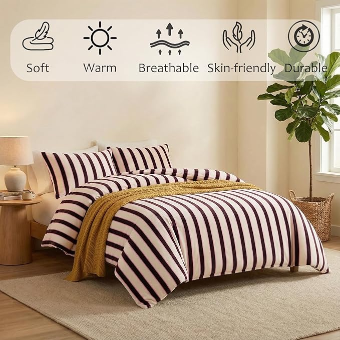 Bedbay Striped King Comforter Set Velvety Fleece Comforter Set Modern Style Striped Beding with 2 Pillowcases Lightweight 3 Pcs Boho Bedding Quilt Farmhouse Fluffy Bed Set for All Seasons