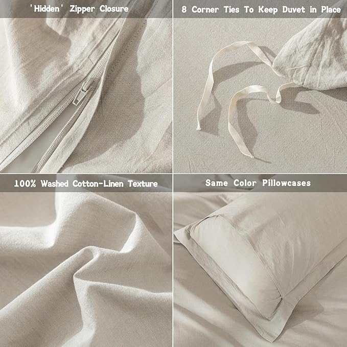 Linen Grey Duvet Cover Oversize Queen Size 98inch x 98inch,100% Washed Cotton Duvet Cover with Zipper Closure and One Pillowcases, Color of New Nature Linen