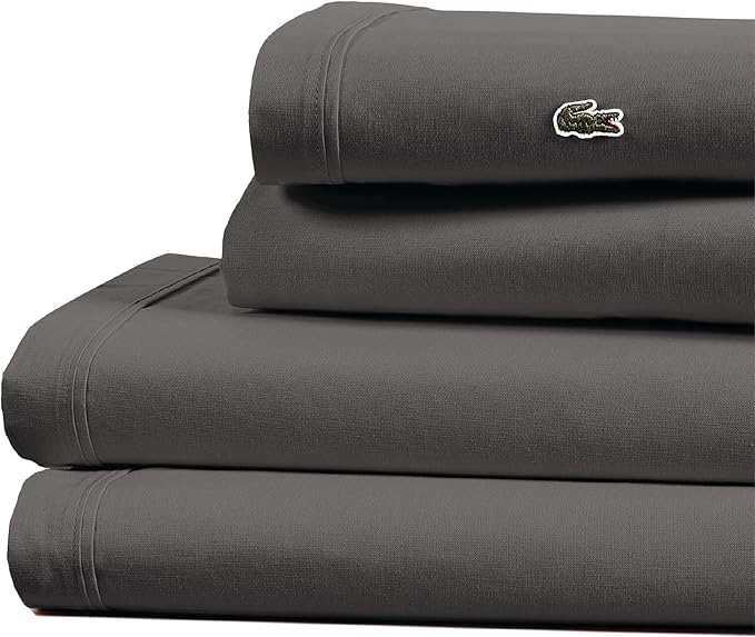 Lacoste 100% Cotton Percale 4-Piece Sheet Set – Cool, Crisp, Matte, and Durable, Oeko-Tex Certified – Solid, Dark Gray, Standard King