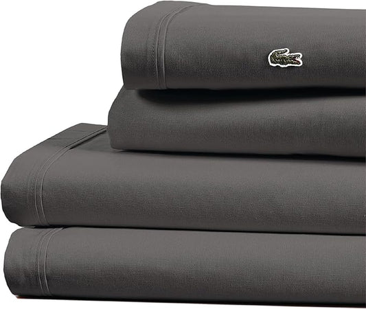 Lacoste 100% Cotton Percale 4-Piece Sheet Set – Cool, Crisp, Matte, and Durable, Oeko-Tex Certified – Solid, Dark Gray, Full