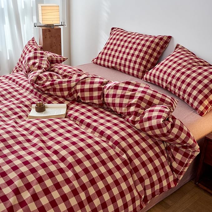 EAVD Vintage Style Red Gingham Duvet Cover Full Soft 100% Washed Cotton 3-Piece Reversible Plaid Checkered Bedding Set with 2 Pillowcases Farmhouse Buffalo Plaid Duvet Cover with Zipper Closure