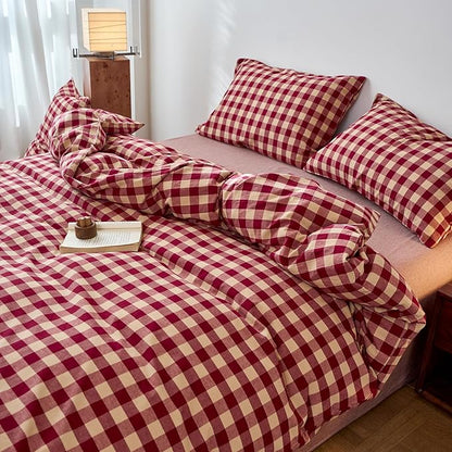 EAVD Vintage Style Red Gingham Duvet Cover Full Soft 100% Washed Cotton 3-Piece Reversible Plaid Checkered Bedding Set with 2 Pillowcases Farmhouse Buffalo Plaid Duvet Cover with Zipper Closure
