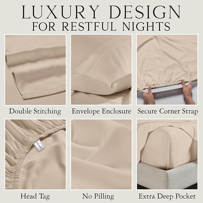 KARISSA MAE Cooling Bamboo Viscose Split King Sheet Set | 100% FSC Certified | 18” Deep Pocket | Silky, Soft, & Hypoallergenic | with Organizer Band & Elastic Corner Straps [Dune]