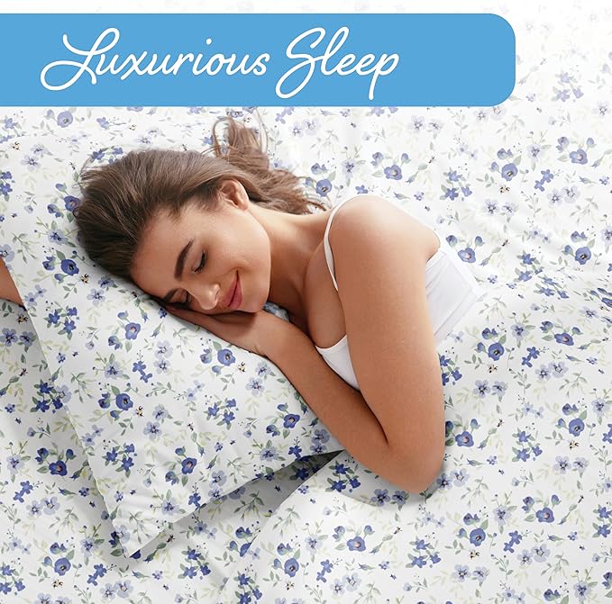Linen Market 4 Piece Queen Sheet Set - Breathable, Double-Brushed Patterned Cooling Sheets – Ultra Soft & Wrinkle-Free 16" Deep-Pocket Queen Sheets - Easy Care Blossoms Light Blue
