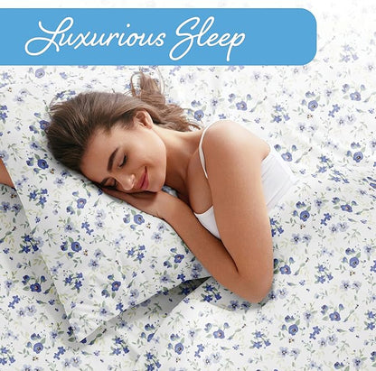 Linen Market 4 Piece Queen Sheet Set - Breathable, Double-Brushed Patterned Cooling Sheets – Ultra Soft & Wrinkle-Free 16" Deep-Pocket Queen Sheets - Easy Care Blossoms Light Blue