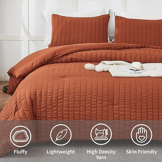 AveLom Terracotta Seersucker California King Comforter Set (104x96 inches), 3 Pieces-100% Soft Washed Microfiber Lightweight Comforter with 2 Pillowcases, All Season Down Alternative Bedding Set