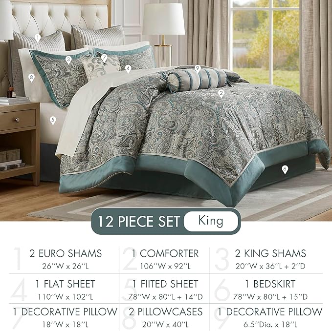Madison Park Aubrey Cozy 12 Piece Comforter Set & Sheet, Luxe Faux Silk Jacquard Paisley Design - All Season Down Alternative Bedding with Cotton Bed Sheets, Bedskirt, Toss Pillows, King Teal