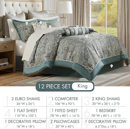 Madison Park Aubrey Cozy 12 Piece Comforter Set & Sheet, Luxe Faux Silk Jacquard Paisley Design - All Season Down Alternative Bedding with Cotton Bed Sheets, Bedskirt, Toss Pillows, King Teal