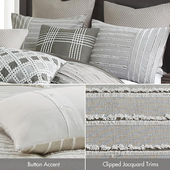 Madison Park King Comforter Set, Removable 100% Cotton Duvet Cover King Size with Insert, Farmhouse Bedding, Textured Stripe Clipped Jacquard Accent, King, Grey 9 Piece