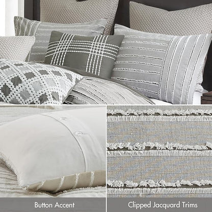 Madison Park King Comforter Set, Removable 100% Cotton Duvet Cover King Size with Insert, Farmhouse Bedding, Textured Stripe Clipped Jacquard Accent, King, Grey 9 Piece