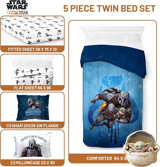 Jay Franco Kids Comforter Set Includes Sheets and Pillow Covers - Soft and Cozy Bed Set for Stylish Room Decor, Official Licensed Bedding, Blue - The Mandalorian, 5 Piece Twin