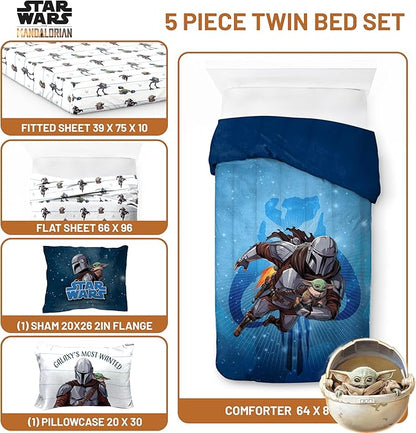 Jay Franco Kids Comforter Set Includes Sheets and Pillow Covers - Soft and Cozy Bed Set for Stylish Room Decor, Official Licensed Bedding, Blue - The Mandalorian, 5 Piece Twin