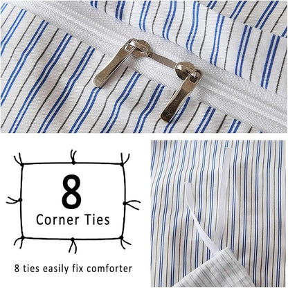 Merryword Striped Duvet Cover Set King Size - 100% Cotton Duvet Cover Set with Zipper Closure & 8 Corner Ties, Blue Pinstripe Bedding Set 3 Pieces, Soft Linen Like Bedding Set for All Seasons