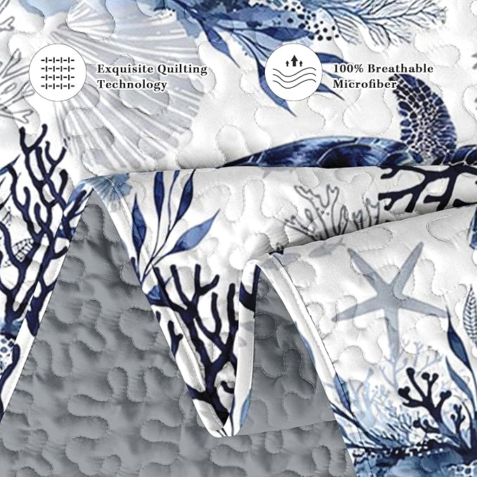 Quilt Set Full/Queen Size, Ocean Sea Coral 3 Pcs Soft Bed Cover Bedding Set for Kids and Adults, Blue Animal Turtle Lightweight Bedspread Coverlet with Pillow Sham for All Season