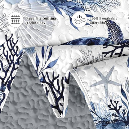 Quilt Set Full/Queen Size, Ocean Sea Coral 3 Pcs Soft Bed Cover Bedding Set for Kids and Adults, Blue Animal Turtle Lightweight Bedspread Coverlet with Pillow Sham for All Season