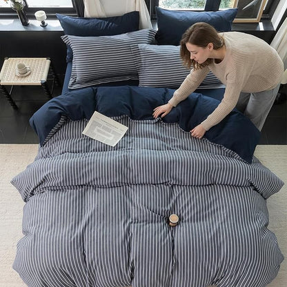 Reversible Duvet Cover Set 100% Washed Cotton Blue Stripe Linen Feel Duvet Cover Queen Size with Zipper Closure & 2 Pillow Shams,Navy/White Stripe Reverse Solid Navy