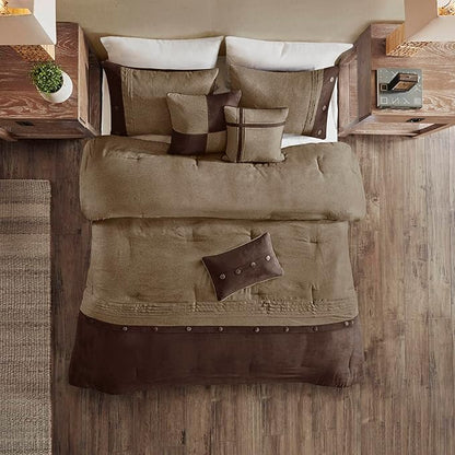 Madison Park Boone Cozy Comforter Set, Faux Suede, Deluxe Hotel Styling All Season Down Alternative Bedding Matching Shams, Decorative Pillow, Queen (90 in x 90 in), Rustic Brown 7 Piece