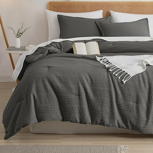 PHF Soft Waffle Comforter Set King Size- Comfy Breathable Waffle Weave Comforter with 2 Pillow Shams, 3 Pieces Less Snagging Lightweight Textured Bedding Set for All Season, Grey