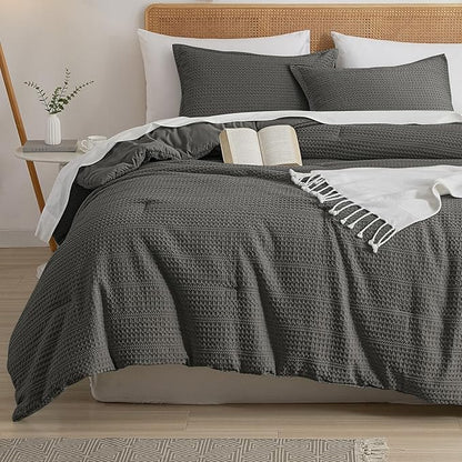 PHF Soft Waffle Comforter Set Twin Size- Comfy Breathable Waffle Weave Comforter with 1 Pillow Shams, 2 Pieces Less Snagging Lightweight Textured Bedding Set for All Season, Grey