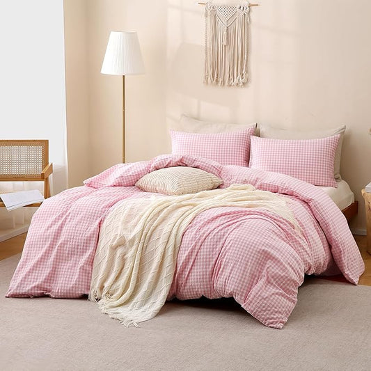 TOCOMOA Pink Gingham Duvet Cover Bedding Set 100% Washed Cotton Like Linen Feel Super Soft Comfortable 3 Piece Cute Plaid Checkered Comforter Cover Set (Full 80"x90", Comforter Not Included)