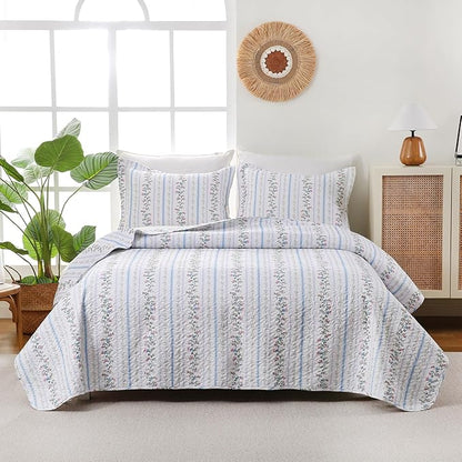 King Size Quilt Bedding Set, Farmhouse Floral Bed Quilts Lightweight Reversible Elegant Bedspreads Coverlets with 2 Pillow Shams (104"×90")