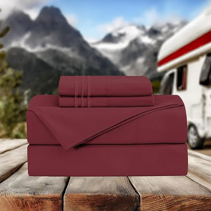 Elegant Comfort Luxurious 1500 Premium Hotel Quality Microfiber Three Line Embroidered Softest 4-Piece Bed Sheet Set, Wrinkle and Fade Resistant, RV Short Queen, Burgundy