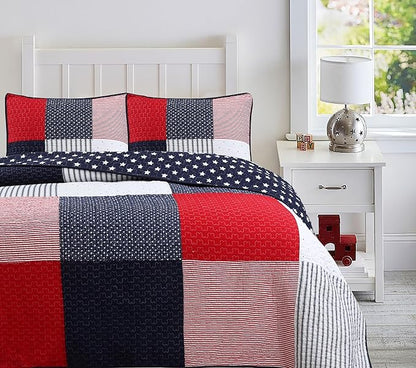 Cozy Line Home Fashions 100% Cotton Sailor Navy Blue Star Striped Print Cotton Reversible Bedding Quilt Set (Patriotic Patchwork, Twin)