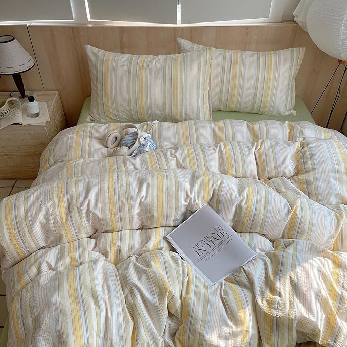 Yellow Striped Duvet Cover Twin, 100% Washed Cotton Colorful Stripes Pattern Printed Bedding Set, 3 Pieces Soft Breathable Comforter Cover with Zipper Closure, Retro Striped Farmhouse Bedding Set