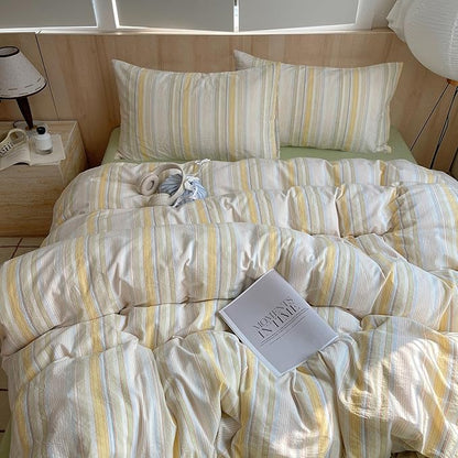 Yellow Striped Duvet Cover Twin, 100% Washed Cotton Colorful Stripes Pattern Printed Bedding Set, 3 Pieces Soft Breathable Comforter Cover with Zipper Closure, Retro Striped Farmhouse Bedding Set