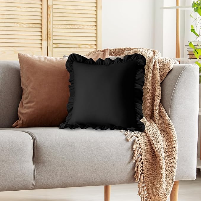KKJIAF Ruffle Pillow Cases 18x18 Inches, Black Square Ruffled Pillow Covers Set of 2, Microfiber Wrinkle Resistant Pillow Shams with Envelope Closure for Sofa Bed Living Room