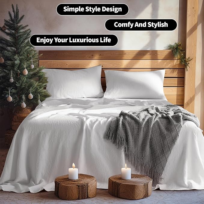 LBRO2M 100% Pure Linen Sheet Set Deep Pocket Up to 16" Bed Sheets Sets, Natural Flax Beddings Soft, Breathable, Comfortable for All Seasons Twin XL Size, White