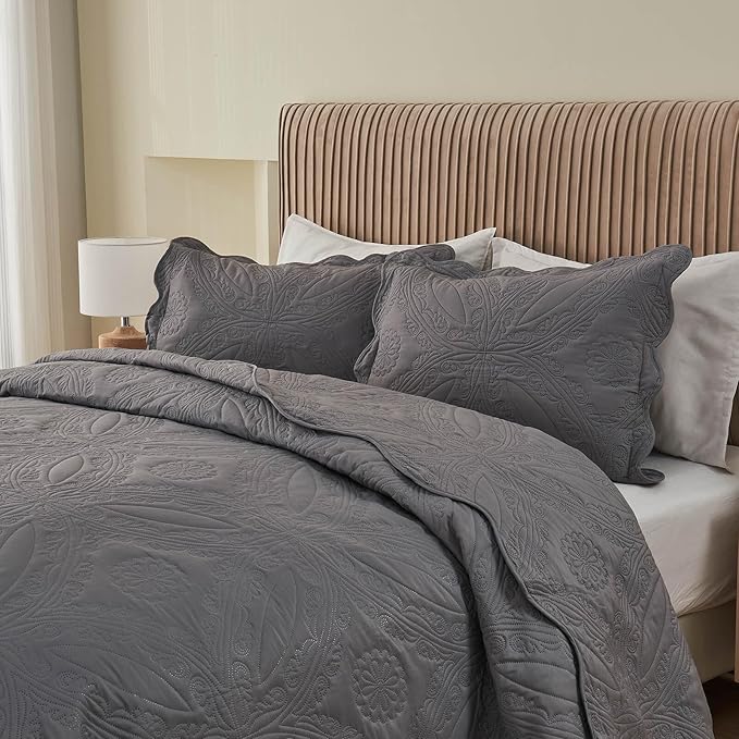 Kingnex Oversized King Bedspreads 128x120 Extra Wide for Tall King or Cal King Bed Ultrasonic Quilted Coverlet Set 3 Piece Include 1 Quilt 2 Pillowcases Dark Grey
