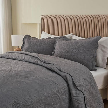 Kingnex Oversized King Bedspreads 128x120 Extra Wide for Tall King or Cal King Bed Ultrasonic Quilted Coverlet Set 3 Piece Include 1 Quilt 2 Pillowcases Dark Grey