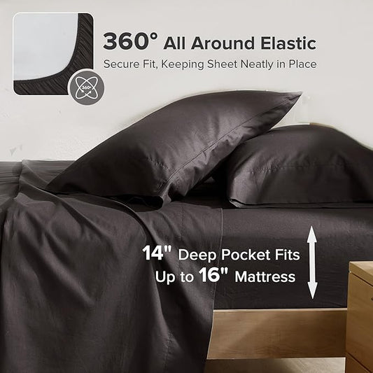 Comfort Spaces 100% Cotton Sheets Cal King, Breathable & Soft Cotton Sheets, Naturally Cool Cotton Bed Sheets with 14" Elastic Pocket Fits up to 16" Mattress, All Season Sheet Set, Black 4 Piece
