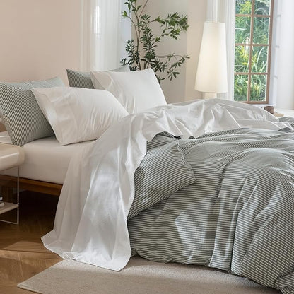 JIYUAN Queen Size Sheet Set, 4-Piece - 100% Washed Cotton, Linen-Like Soft & Breathable, Includes Deep Pocket Fitted & Flat Sheet with 2 Pillowcases, Hotel Quality, Solid Bright White