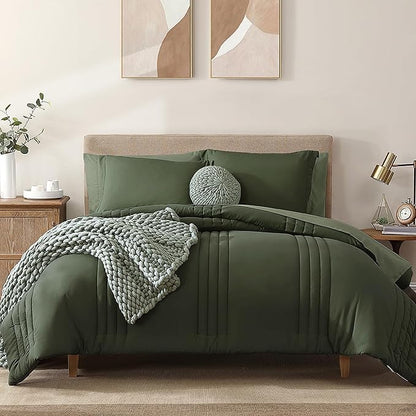 Monbix Full Comforter Set - 7 Pieces Olive Green Bed in a Bag Full Size Bedding Sets with Comforters, All Seasons Comforter with Sheets, Pillowcases & Shams