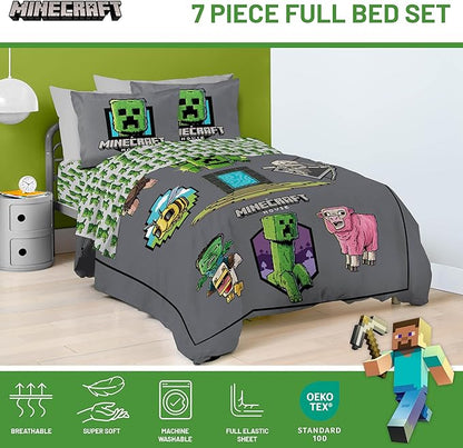 Jay Franco Kids Comforter Set Includes Sheets and Pillow Covers - Soft and Cozy Bed Set for Stylish Room Decor, Grey - Minecraft Movie, 7 Piece Full Size Bedding